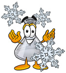 Clip art Graphic of a Beaker Laboratory Flask Cartoon Character With Three Snowflakes in Winter