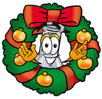 Clip art Graphic of a Beaker Laboratory Flask Cartoon Character in the Center of a Christmas Wreath