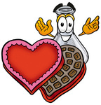 Clip art Graphic of a Beaker Laboratory Flask Cartoon Character With an Open Box of Valentines Day Chocolate Candies