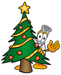 Clip art Graphic of a Beaker Laboratory Flask Cartoon Character Waving and Standing by a Decorated Christmas Tree