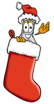 Clip art Graphic of a Beaker Laboratory Flask Cartoon Character Wearing a Santa Hat Inside a Red Christmas Stocking