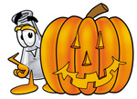 Clip art Graphic of a Beaker Laboratory Flask Cartoon Character With a Carved Halloween Pumpkin