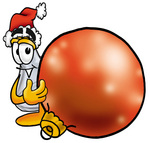 Clip art Graphic of a Beaker Laboratory Flask Cartoon Character Wearing a Santa Hat, Standing With a Christmas Bauble