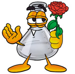 Clip art Graphic of a Beaker Laboratory Flask Cartoon Character Holding a Red Rose on Valentines Day