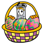 Clip art Graphic of a Beaker Laboratory Flask Cartoon Character in an Easter Basket Full of Decorated Easter Eggs