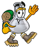 Clip art Graphic of a Laboratory Flask Beaker Cartoon Character Hiking and Carrying a Backpack