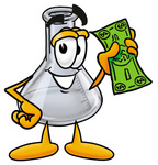 Clip art Graphic of a Laboratory Flask Beaker Cartoon Character Holding a Dollar Bill