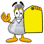 Clip art Graphic of a Laboratory Flask Beaker Cartoon Character Holding a Yellow Sales Price Tag