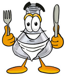 Clip art Graphic of a Laboratory Flask Beaker Cartoon Character Holding a Knife and Fork
