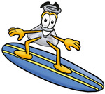 Clip art Graphic of a Laboratory Flask Beaker Cartoon Character Surfing on a Blue and Yellow Surfboard