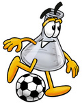 Clip art Graphic of a Laboratory Flask Beaker Cartoon Character Kicking a Soccer Ball