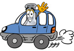 Clip art Graphic of a Laboratory Flask Beaker Cartoon Character Driving a Blue Car and Waving