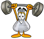 Clip art Graphic of a Laboratory Flask Beaker Cartoon Character Holding a Heavy Barbell Above His Head