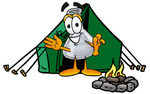 Clip art Graphic of a Laboratory Flask Beaker Cartoon Character Camping With a Tent and Fire
