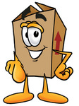 Clip Art Graphic of a Cardboard Shipping Box Cartoon Character Pointing at the Viewer