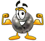 Clip Art Graphic of a Bowling Ball Cartoon Character Flexing His Arm Muscles