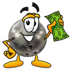 Clip Art Graphic of a Bowling Ball Cartoon Character Holding a Dollar Bill