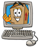 Clip Art Graphic of a Cardboard Shipping Box Cartoon Character Waving From Inside a Computer Screen