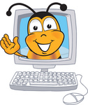 Clip art Graphic of a Honey Bee Cartoon Character Waving From Inside a Computer Screen
