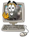 Clip Art Graphic of a Bowling Ball Cartoon Character Waving From Inside a Computer Screen