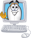 Clip art Graphic of a Dirigible Blimp Airship Cartoon Character Waving From Inside a Computer Screen