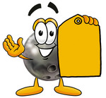 Clip Art Graphic of a Bowling Ball Cartoon Character Holding a Yellow Sales Price Tag