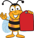 Clip art Graphic of a Honey Bee Cartoon Character Holding a Red Sales Price Tag