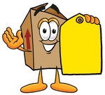 Clip Art Graphic of a Cardboard Shipping Box Cartoon Character Holding a Yellow Sales Price Tag