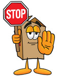 Clip Art Graphic of a Cardboard Shipping Box Cartoon Character Holding a Stop Sign