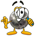 Clip Art Graphic of a Bowling Ball Cartoon Character Looking Through a Magnifying Glass