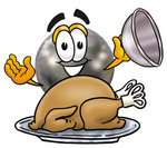 Clip Art Graphic of a Bowling Ball Cartoon Character Serving a Thanksgiving Turkey on a Platter