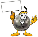 Clip Art Graphic of a Bowling Ball Cartoon Character Holding a Blank Sign