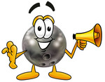 Clip Art Graphic of a Bowling Ball Cartoon Character Holding a Megaphone