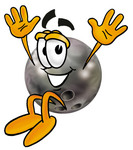 Clip Art Graphic of a Bowling Ball Cartoon Character Jumping