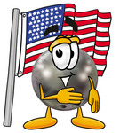 Clip Art Graphic of a Bowling Ball Cartoon Character Pledging Allegiance to an American Flag