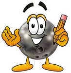Clip Art Graphic of a Bowling Ball Cartoon Character Holding a Pencil