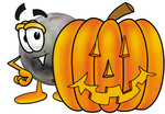 Clip Art Graphic of a Bowling Ball Cartoon Character With a Carved Halloween Pumpkin