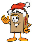 Clip Art Graphic of a Cardboard Shipping Box Cartoon Character Wearing a Santa Hat and Waving