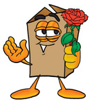Clip Art Graphic of a Cardboard Shipping Box Cartoon Character Holding a Red Rose on Valentines Day