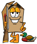 Clip Art Graphic of a Cardboard Shipping Box Cartoon Character Duck Hunting, Standing With a Rifle and Duck