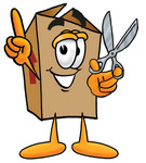 Clip Art Graphic of a Cardboard Shipping Box Cartoon Character Holding a Pair of Scissors