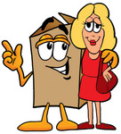 Clip Art Graphic of a Cardboard Shipping Box Cartoon Character Talking to a Pretty Blond Woman