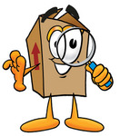 Clip Art Graphic of a Cardboard Shipping Box Cartoon Character Looking Through a Magnifying Glass