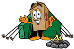 Clip Art Graphic of a Cardboard Shipping Box Cartoon Character Camping With a Tent and Fire