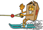 Clip Art Graphic of a Cardboard Shipping Box Cartoon Character Waving While Water Skiing