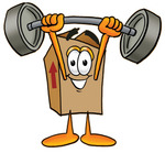 Clip Art Graphic of a Cardboard Shipping Box Cartoon Character Holding a Heavy Barbell Above His Head