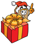 Clip Art Graphic of a Cardboard Shipping Box Cartoon Character Standing by a Christmas Present