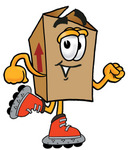 Clip Art Graphic of a Cardboard Shipping Box Cartoon Character Roller Blading on Inline Skates