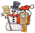 Clip Art Graphic of a Cardboard Shipping Box Cartoon Character With a Snowman on Christmas