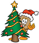 Clip Art Graphic of a Cardboard Shipping Box Cartoon Character Waving and Standing by a Decorated Christmas Tree